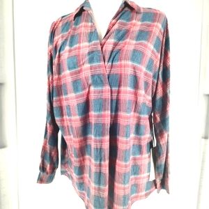 Coverstitched Teal & Red Plaid Flannel Top